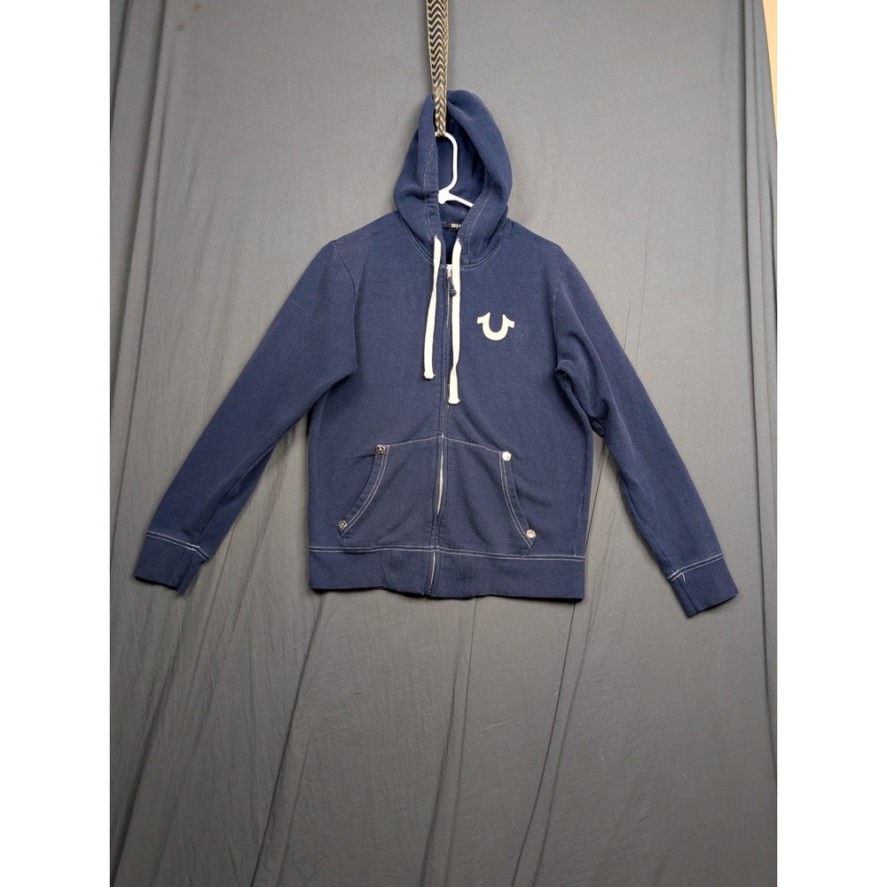 True Religion Women's Blue Full-Zip Horseshoe Logo Hoodie Sweatshirt Size Small